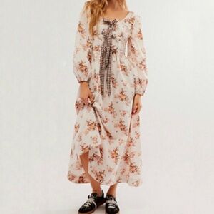 Damson Madder Dakota Bow Cream Floral Long Puff Sleeve Maxi Dress Size 6 NWT